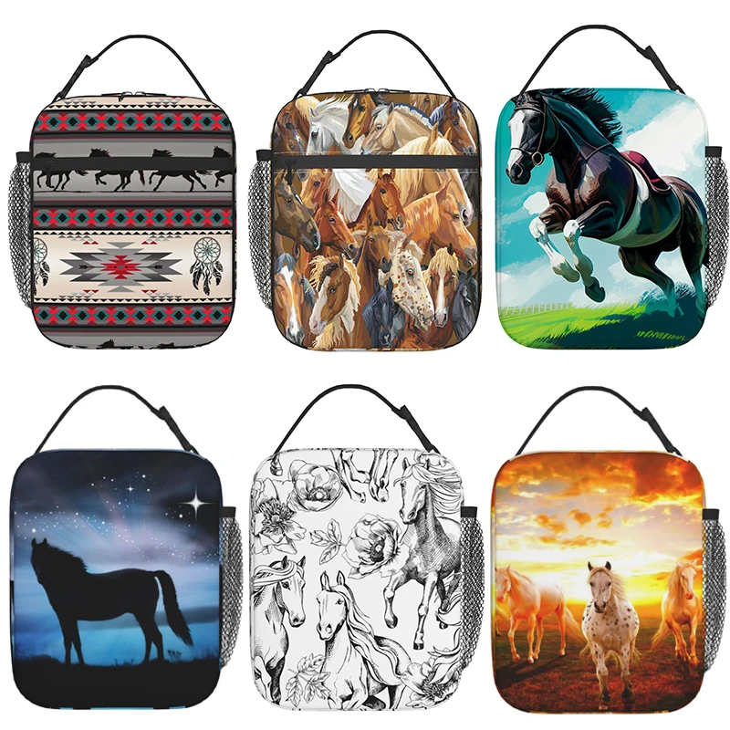 Colorful Horse Portable Lunch Box Cooler Bags Insulated Thermal Lunch Tote Bag For Women Men Adults Work Travel Picnic