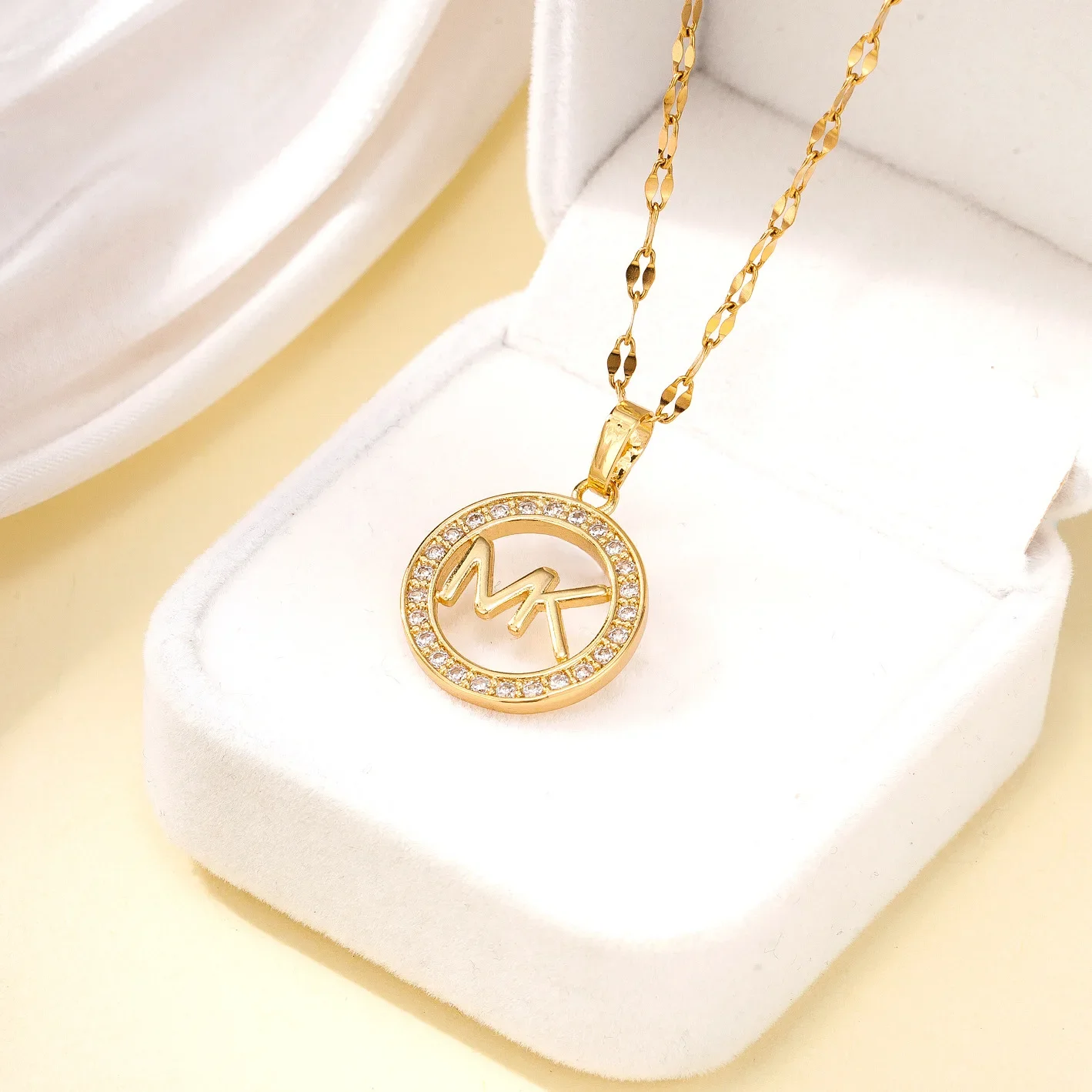 Versatile Stainless Steel Hollow Out Fashionable Trendy Letter MK Pendant Necklace Women's Cross Border European American Style 