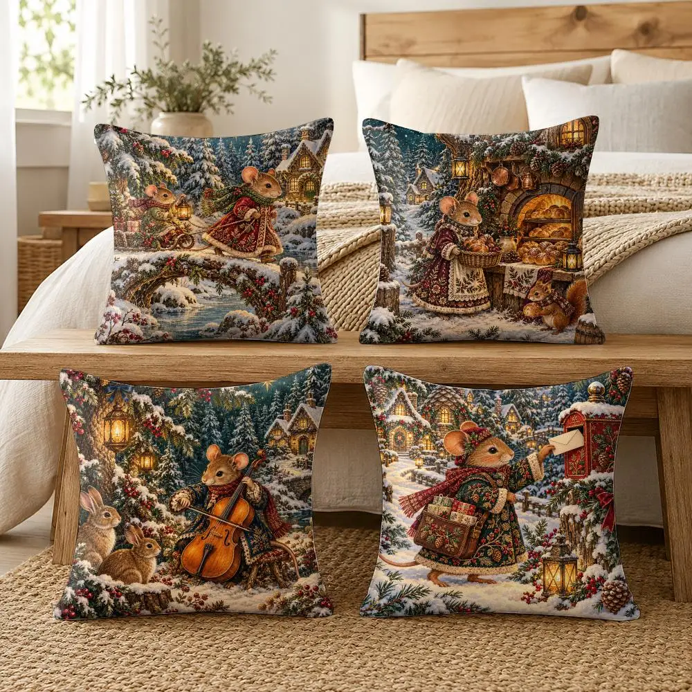Woodland Christmas Mouse Cushion Cover Soft Short Plush Pillow Cases Hidden Zipper Cutecore Sofa Bedroom Home Decor Gift
