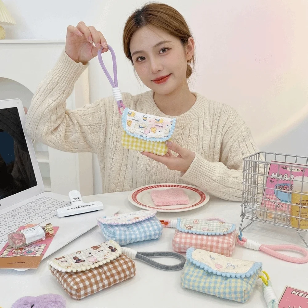 Polyester Cartoon Printed Coin Purse Portable Zipper CCD Camera Storage Pouch Lightweight Plaid Pattern Card Holder Cosmetics