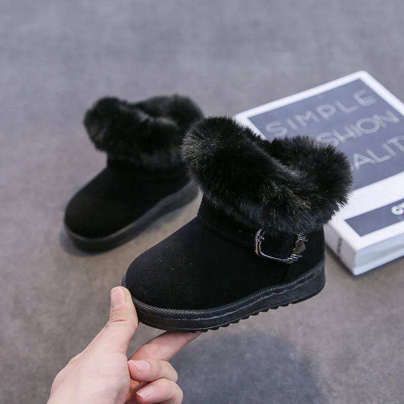 

Winter Children Solid Color Collar Leather Cotton Shoes Girls Waterproof Snow Boots Boys Warm Fur Fleece Short Cotton Boots