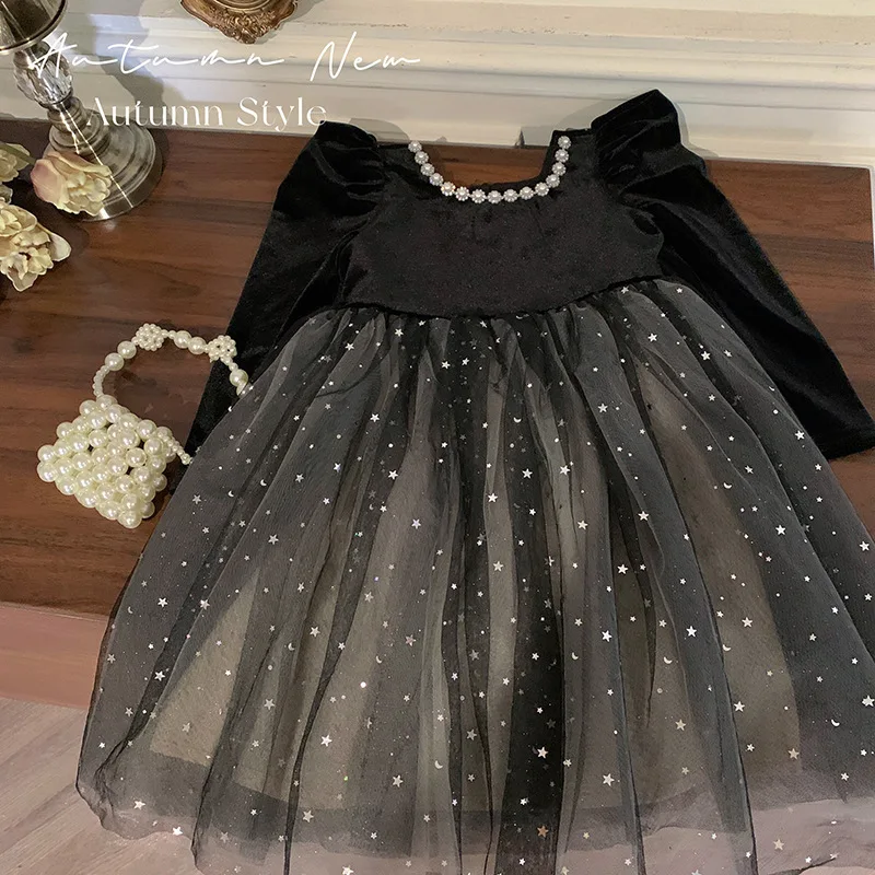 Girls Pearl Collar Long Sleeve Dress Vintage Hepburn Princess Gown Starry  Elegant Children's Fashion Korean Style Cotton ...
