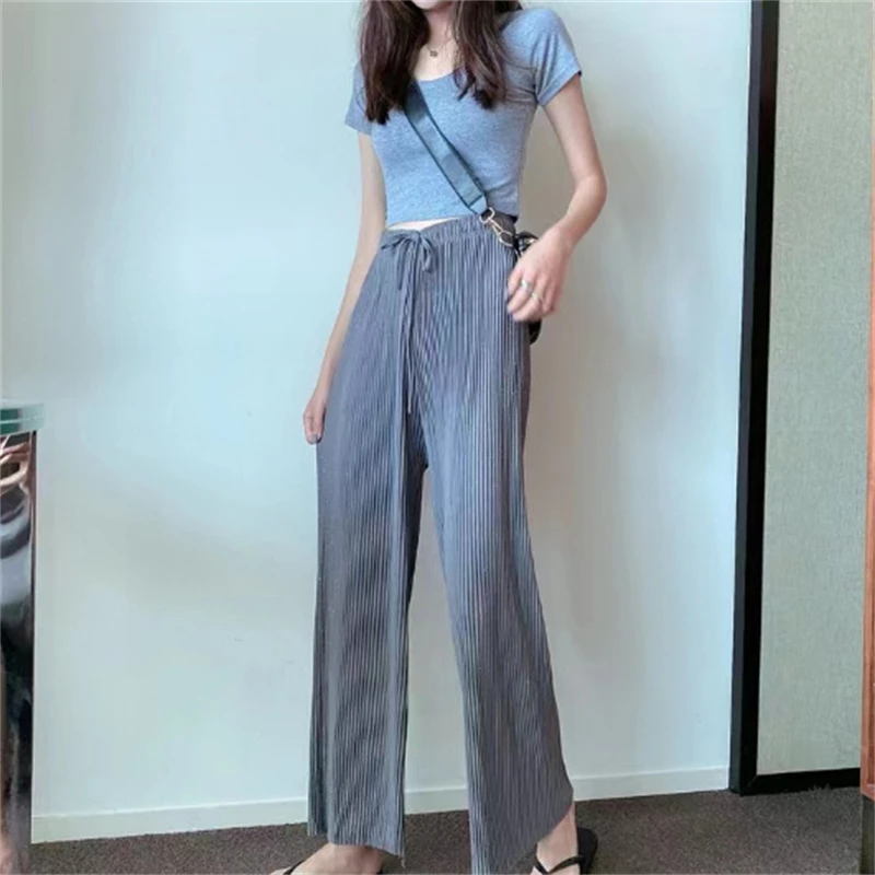 Summer Loose Straight Pants Shiny Design Pleated Wide Leg Pants Ice Silk Draped Pants Thin High Waisted Casua Women Pants