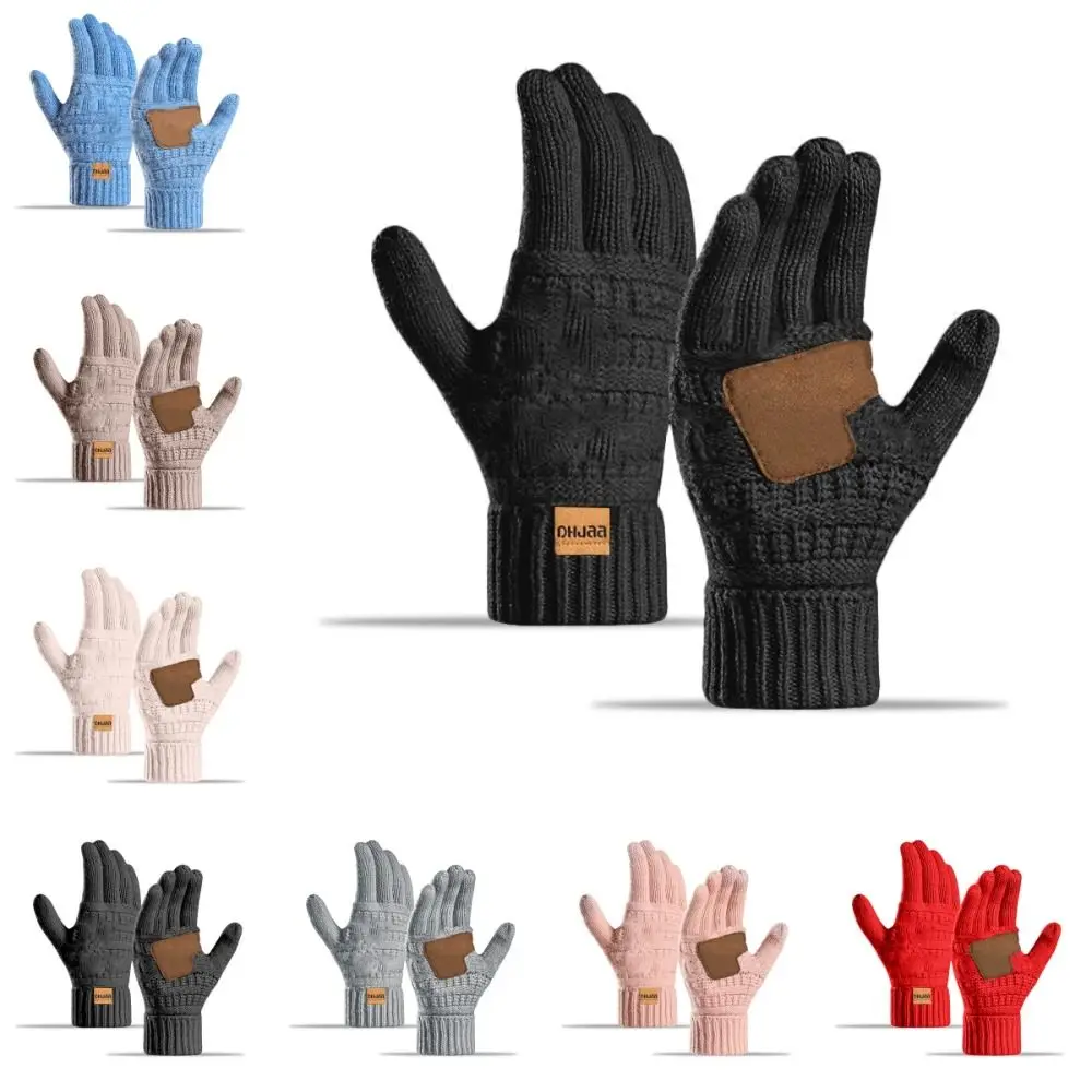 New Screen Touch Women Winter Gloves Alpaca Fleece Anti-Slip Knitted Gloves with Leather Warm Men Cycling Gloves