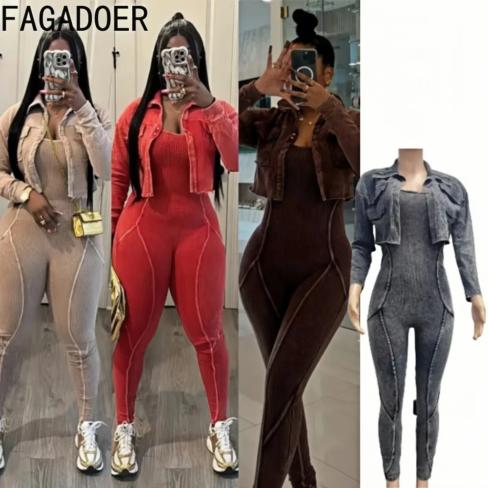 FAGADOER Wysokiej jakości ściągacz damski 2-częściowy zestaw moda z długim rękawem Crop Jacket + Bodycon Jumpsuits Odzież 2023 Nowość