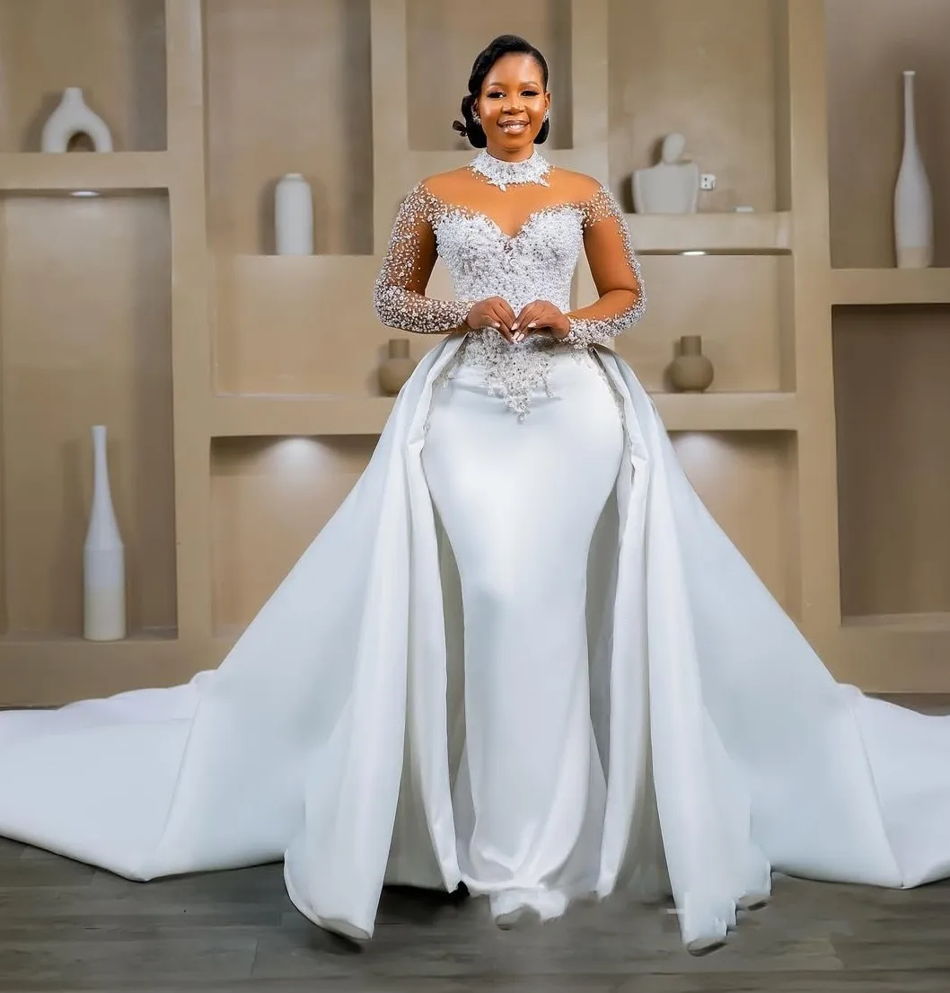

2025 African Mermaid Wedding Dress Bridal Gowns For Bride Illusion Detachable Train High Neck Beaded Lace Vestido De Noiva