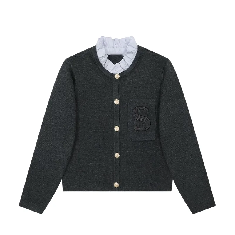 S رسالة التطريز الخريف الشتاء طويلة الأكمام ضئيلة متماسكة أسود رمادي سترة للمرأة تريكو سترة السيدات قمم الملابس