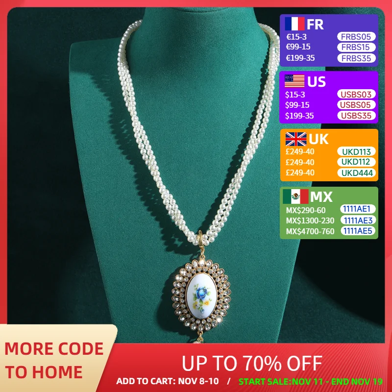 

Vintage Layered Pearl Necklace Jewelry Chain Flower Bird White Porcelain Green Water Drop Pendant Women'S Accessories Wedding