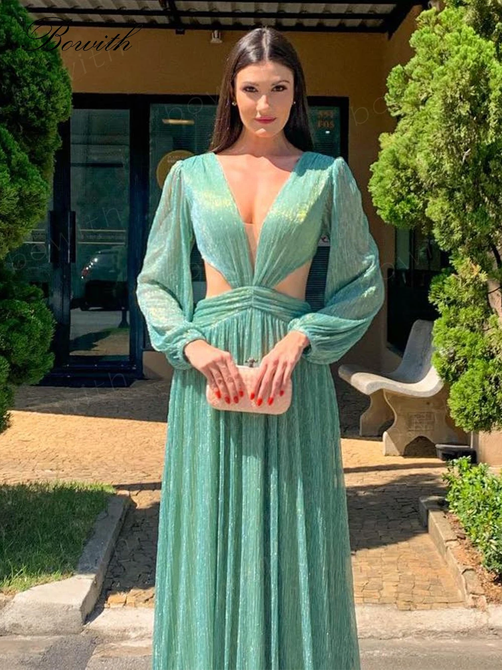 Bowith Long Sleeve Evening Dress Shiny Maxi Party Dresses for Women Cut Out Button Back Formal Occasion Dress for Women