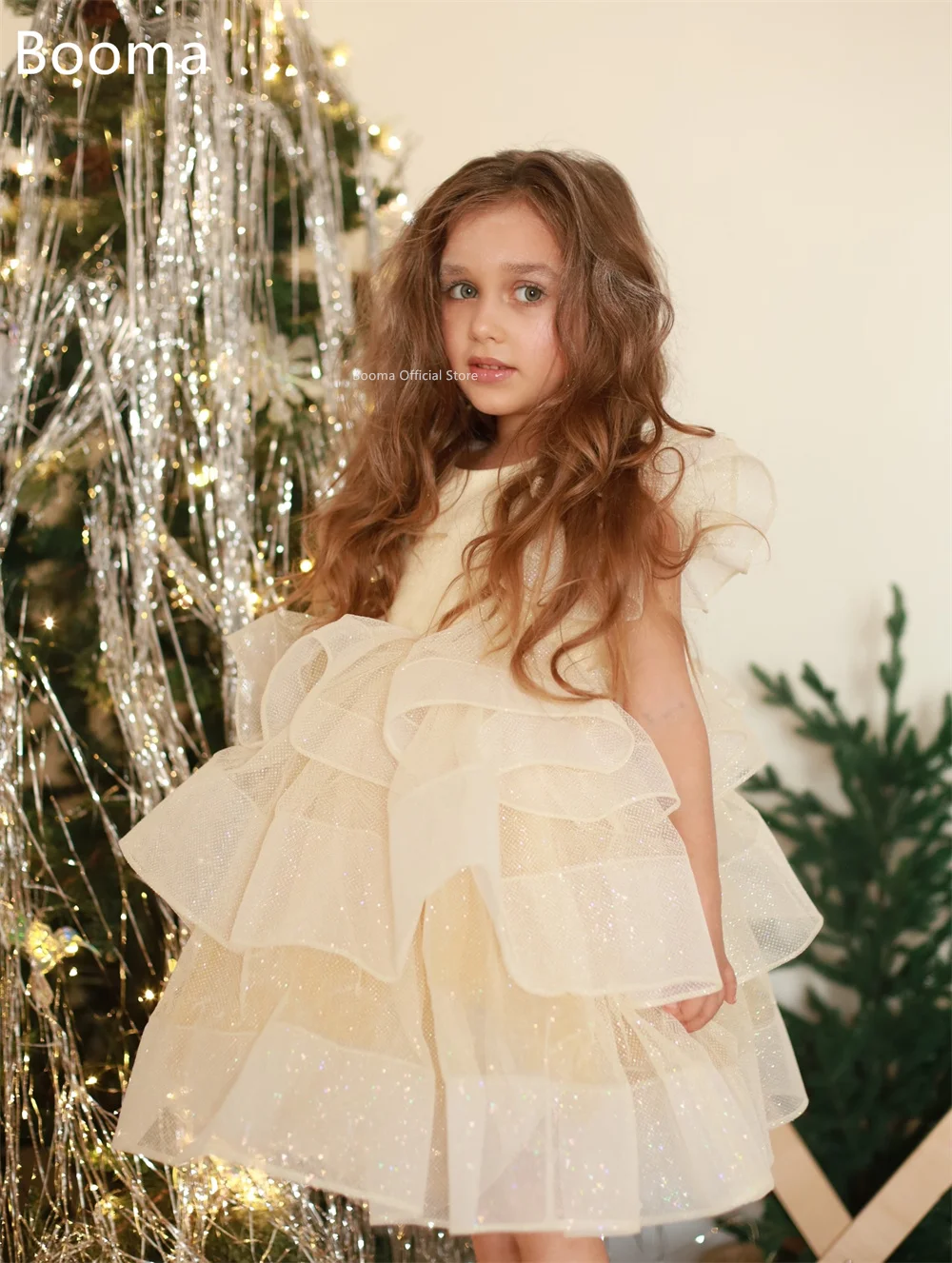 Booma a-line رقبة دائرية لامعة مطوي زهور فتاة فساتين حفلات الزفاف للأطفال زهور بنات فساتين حفلات مخصصة 2025