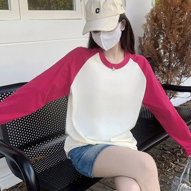 200GSM 100% Cotton Fabric 2024 New Autumn Fashion Women\'s O Neck T-Shirt Female Loose Long Sleeve Shirt Patchwork Style Tops
