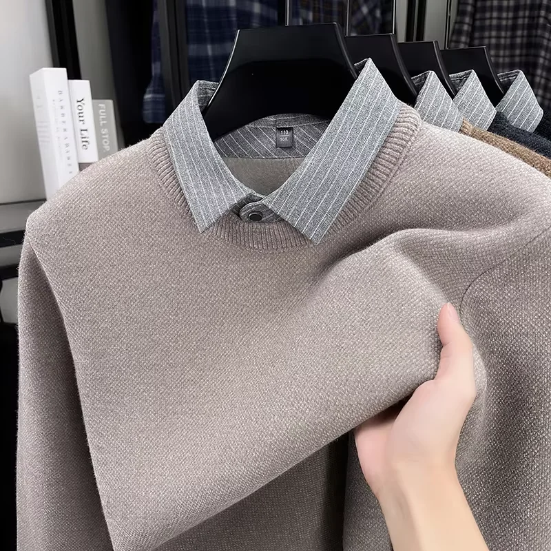 High Quality Plush Warm Men's Knitted Sweater Autumn Winter Comfort Casual Fashion Fake Two-Piece Striped Shirt Collar Pullover