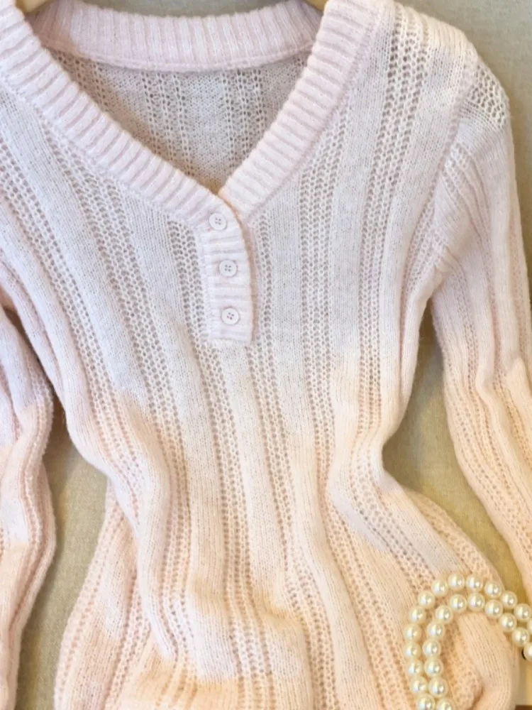 الحلو الوردي V-Ne طويل Sve محبوك قاعدة irt المرأة Faion الخريف الشتاء سليم صالح ملابس داخلية سترة بسيطة Sle #5