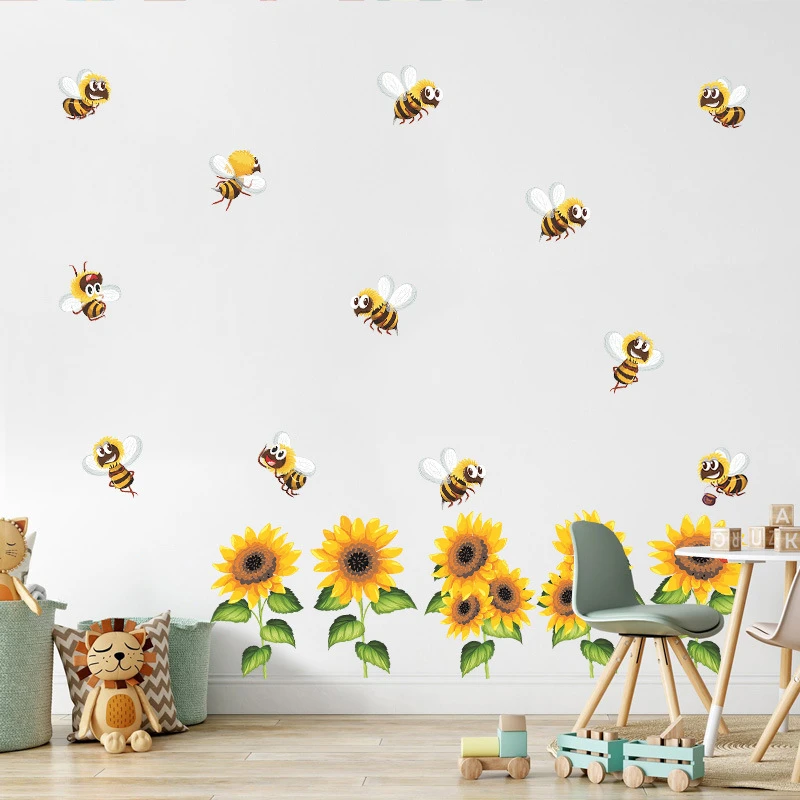 Small Bees Picking Flowers and Honey, Animal Wall Stickers Sunflower Glass Window Stickers PVC Self-adhesive Wall Stickers