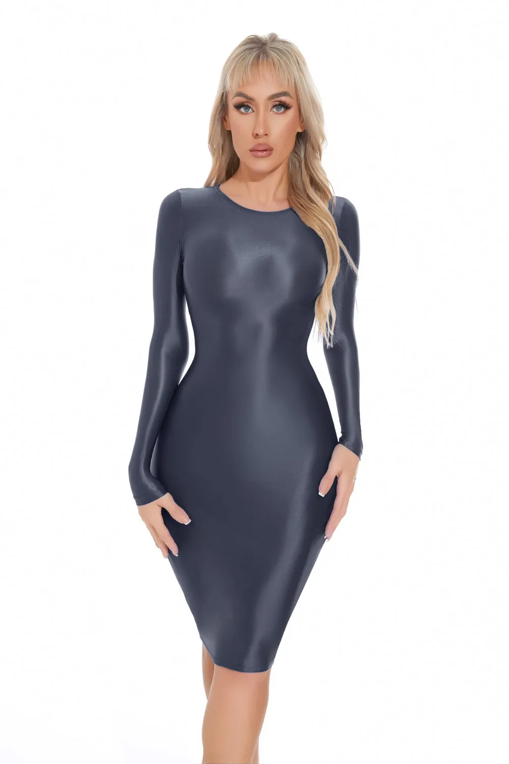M XL Langarm Glänzendes Midi-Kleid Strumpfhosen-Paket Hüftminirock Sexy Clubwear Vestido Bodycon-Kleider Bodystocking Robe – Detail 19