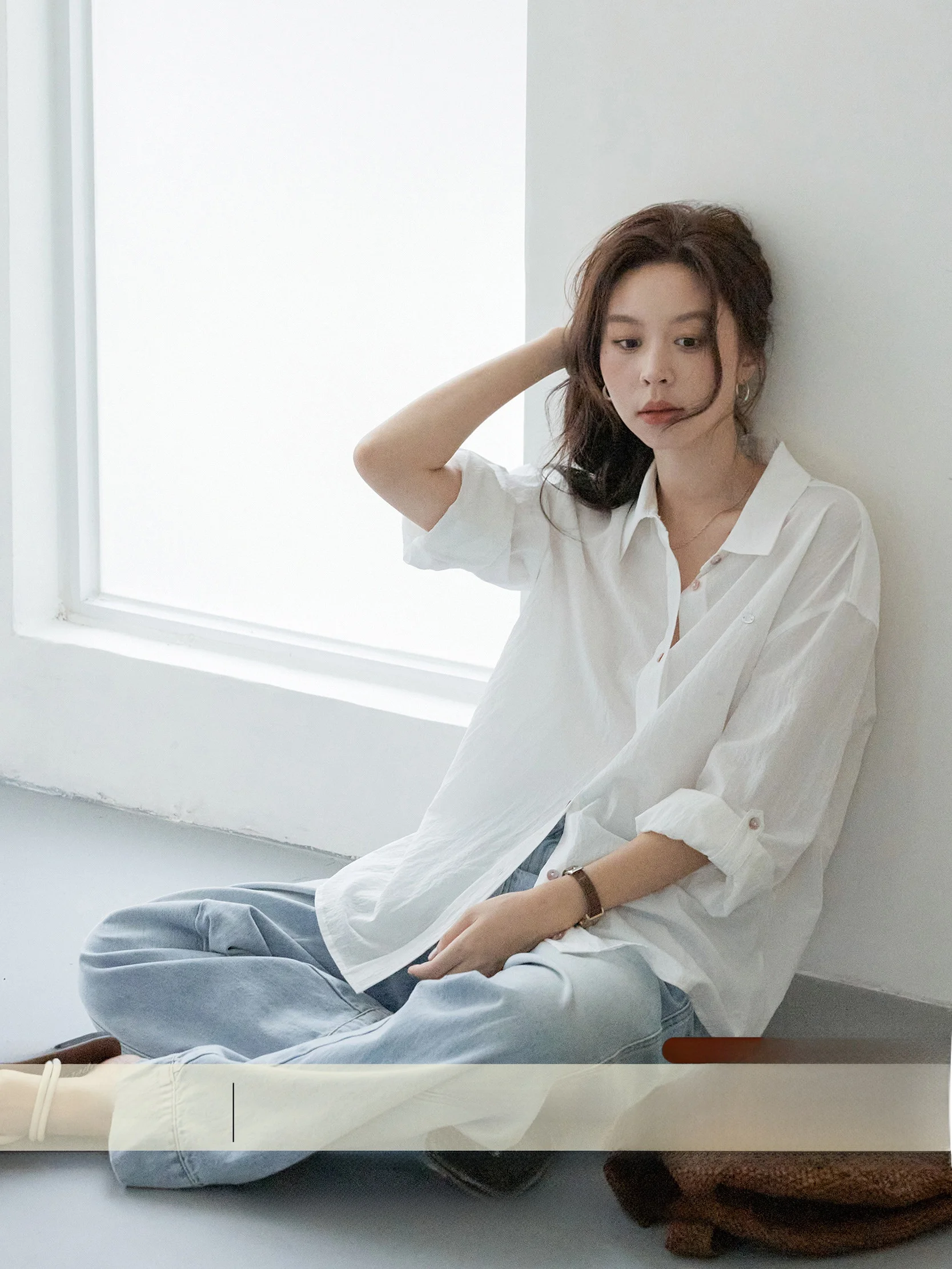 

VNOOK Silk Cotton irt Women's Casual Commute Loose Wrinkle Paper Feel Slimming Sun Protection Top Turn-down Collar Long Sve