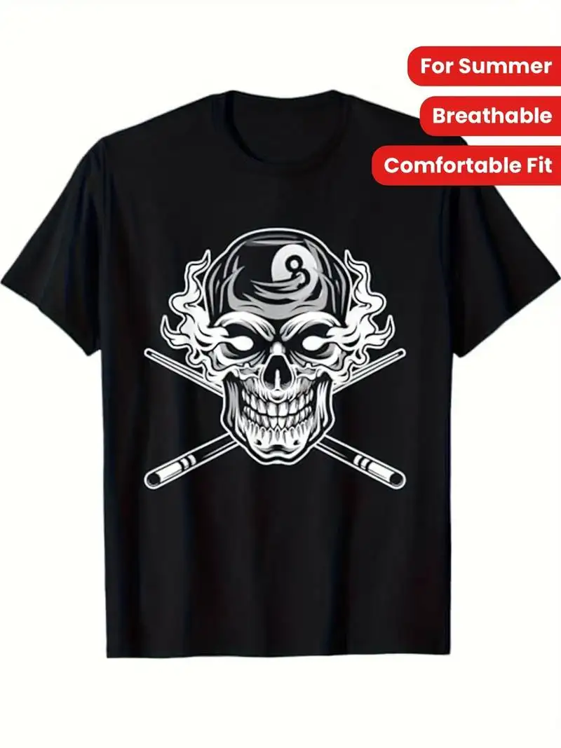 Men's Breathable Cotton T-Shirt Skull Cue Billiards Graphic Tee Lightweight Summer Shirt For Pool Players Casual Attire Bold