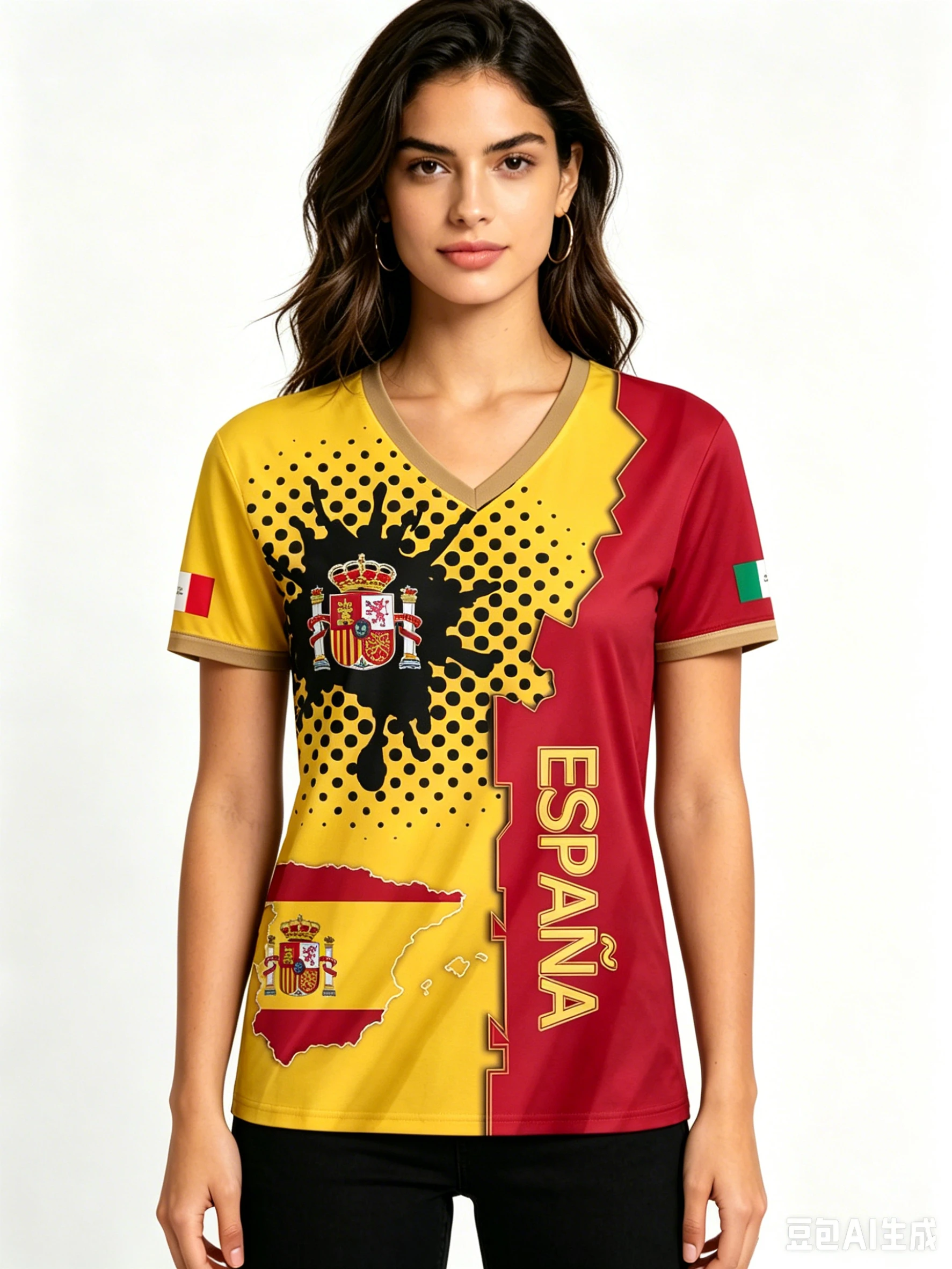 Fashion V-neck Women's T-Shirts Spain National Flag Pattern Short Sleeve Tees Casual Loose Ladies Tops Summer Female Clothing