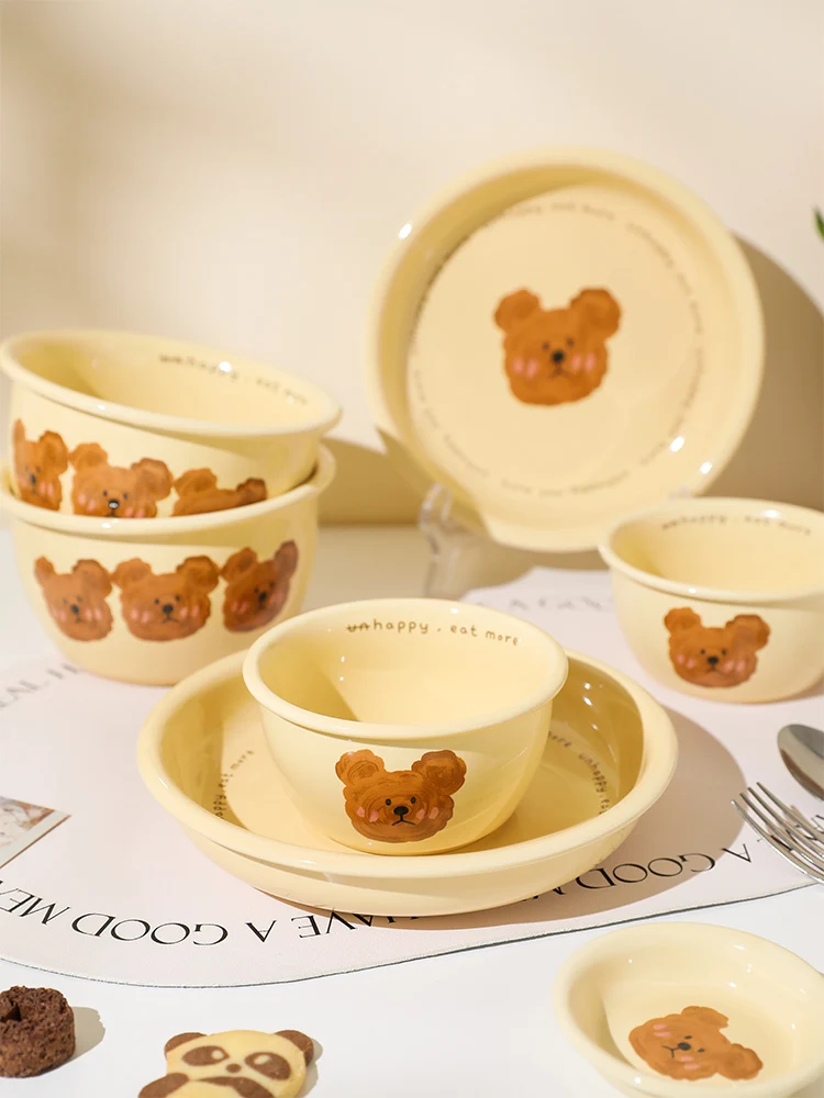 Cartoon dish combination emo bear tableware ins wind high value dish set home creative gifts