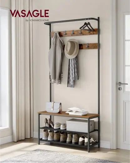 VASAGLE coat rack wardrobe, dresses bar, bench seat