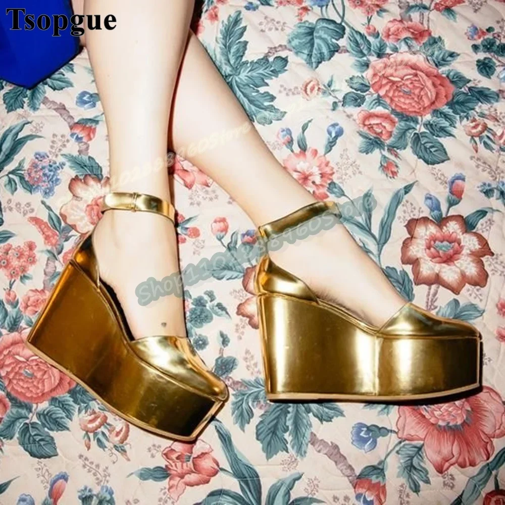 

Metallic Gold Glossy Leather Platform Sandals Wedges High Heel Women Shoes Ankle Buckle Strap Round Toe Luxury Banquet Sandals