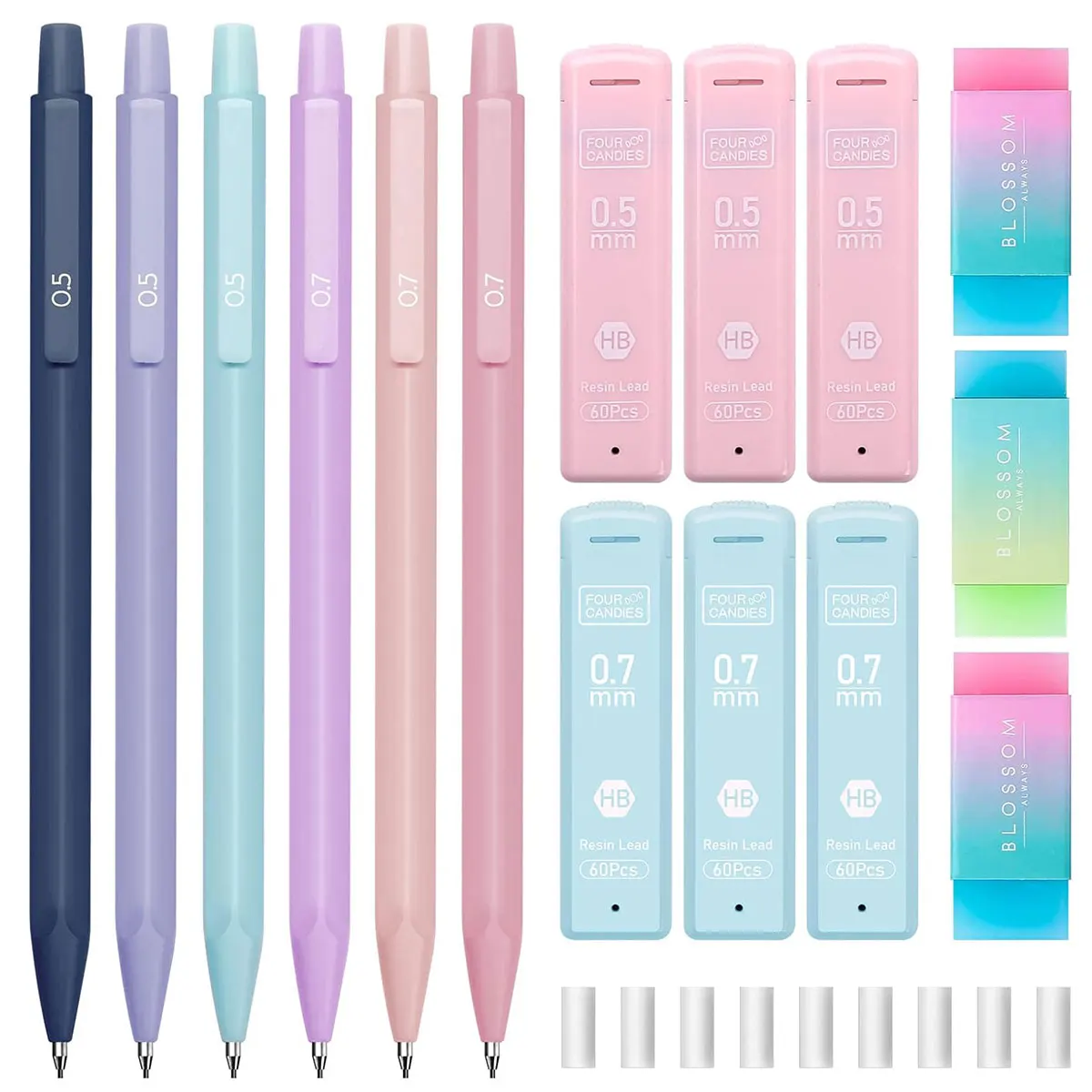 Niedliches Druckbleistift-Set, 6 Pastell-Druckbleistifte 0,5 0,7 mm, 120 HB-Minen, 3 Radiergummis, 9 Radiergummi-Nachfüllungen, Ästhetisches Schulzubehör