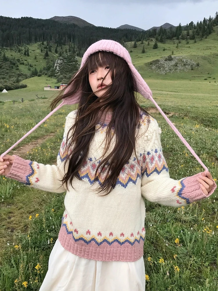 108cm Bust Women Fall Winter Warm Wool Pullovers Sweaters Elegant Loose Vintage Iceland Fair Isle O-Neck Knitted Sweaters