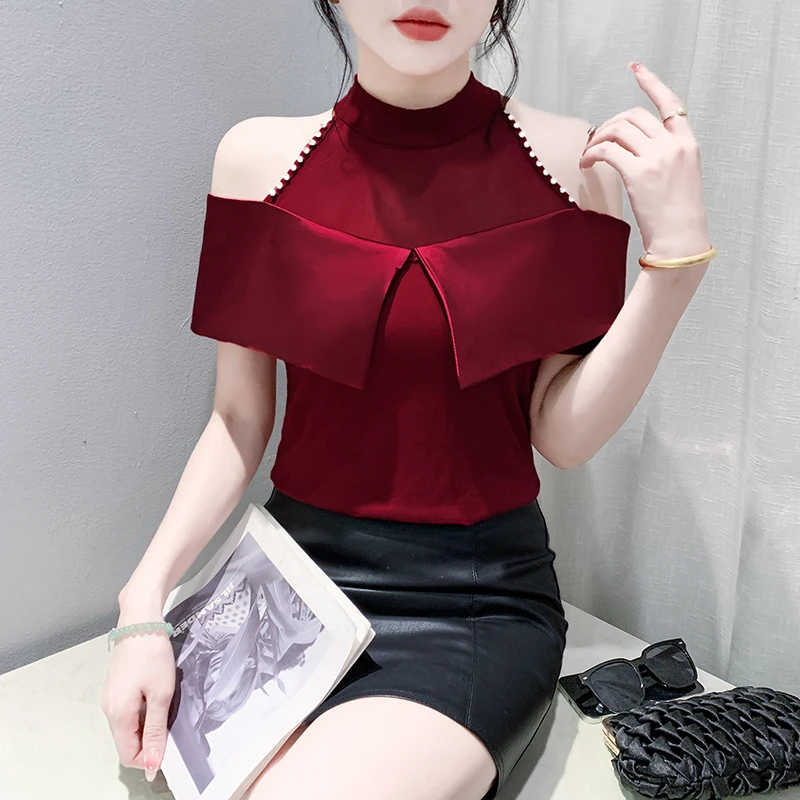 MadBlack-Women European T-Shirt, Sexy O Neck Diamond Ruffles,Streetwear Short Sleeve Off Shoulder Slim Tee, 2025 Summer T53423CC