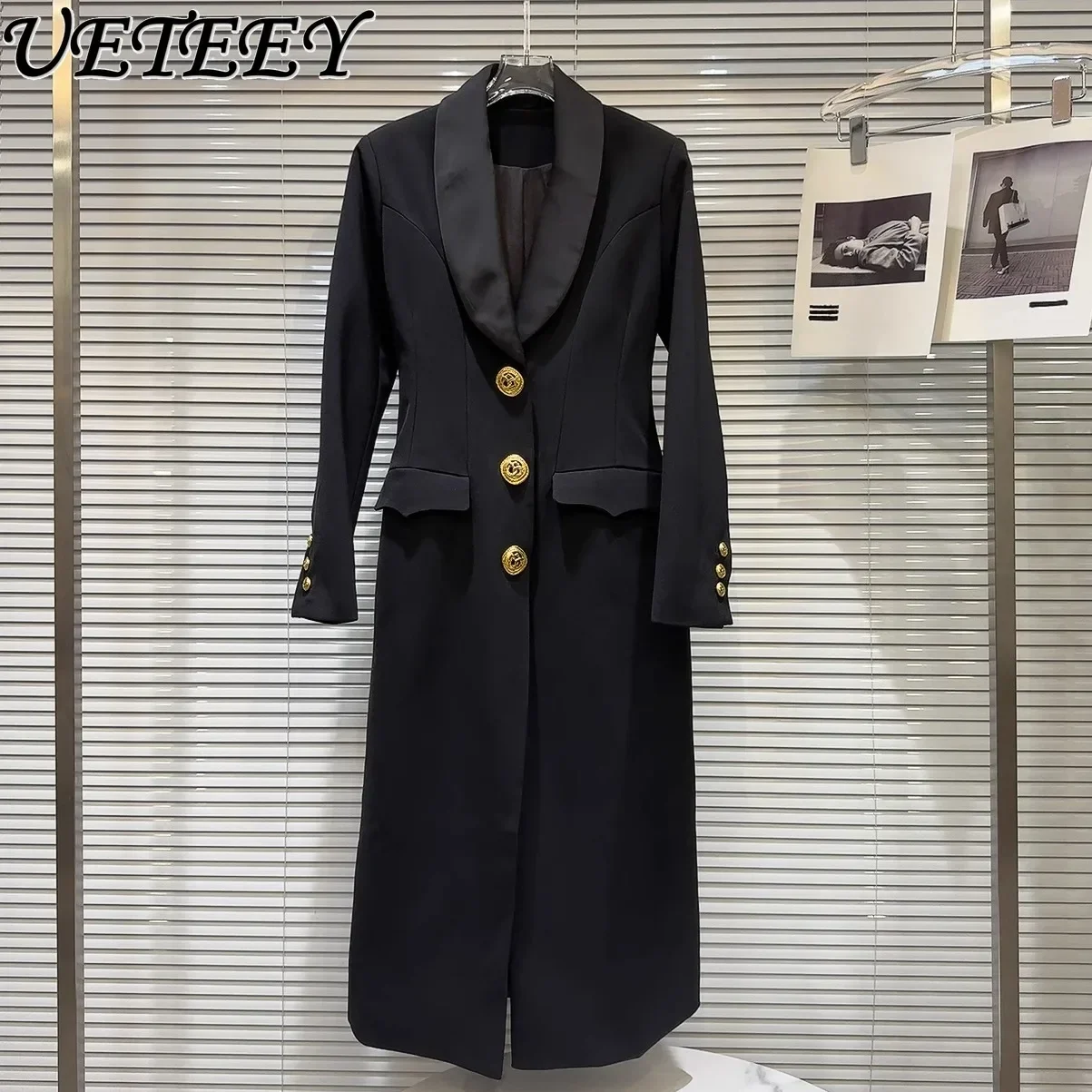 

Autumn New Temperament Large Metal Buckle Long-sleeved Black Trench Coat Waist Slimming Suit Collar Long Windbreak for Women