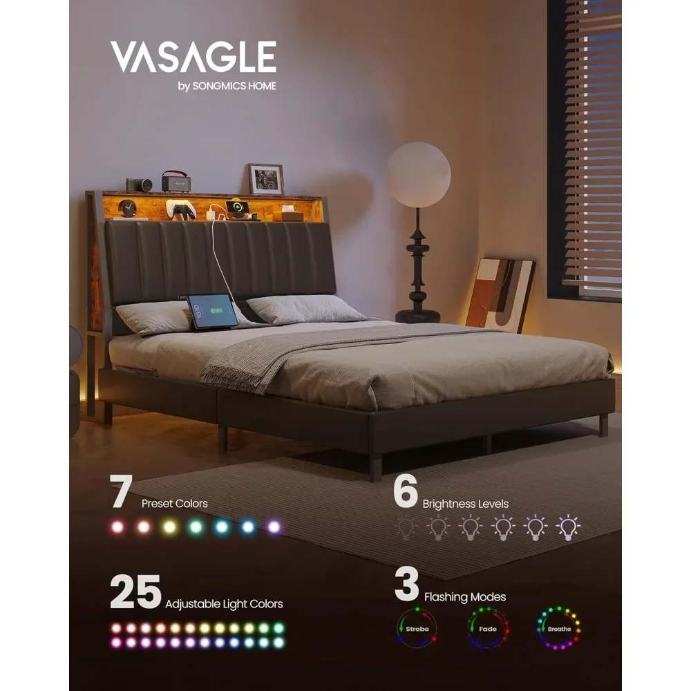 LED Bed Frame Queen Size, Storage Headboard and Charging Station, Queen Bed Frame with 2 AC Outlets, 1 USB Port, 1 Type-C Port