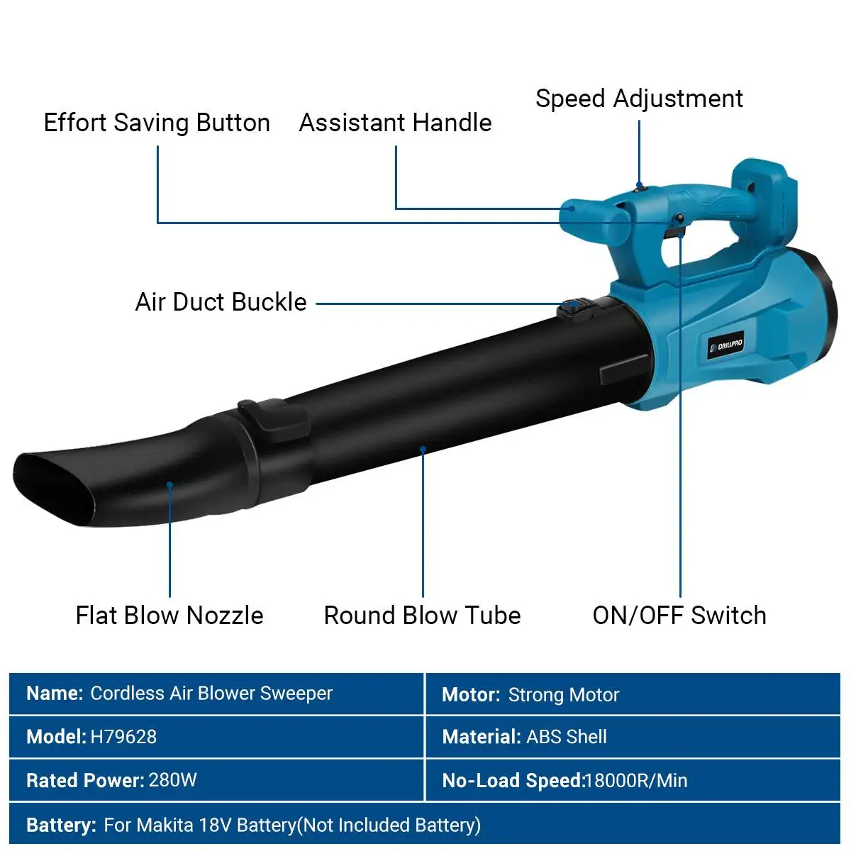 Drillpro 2000W Electric Air Blower Cordless for Makita 18V Battery Leaf Blower Electric Dust Snow Blower Garden Power Tool