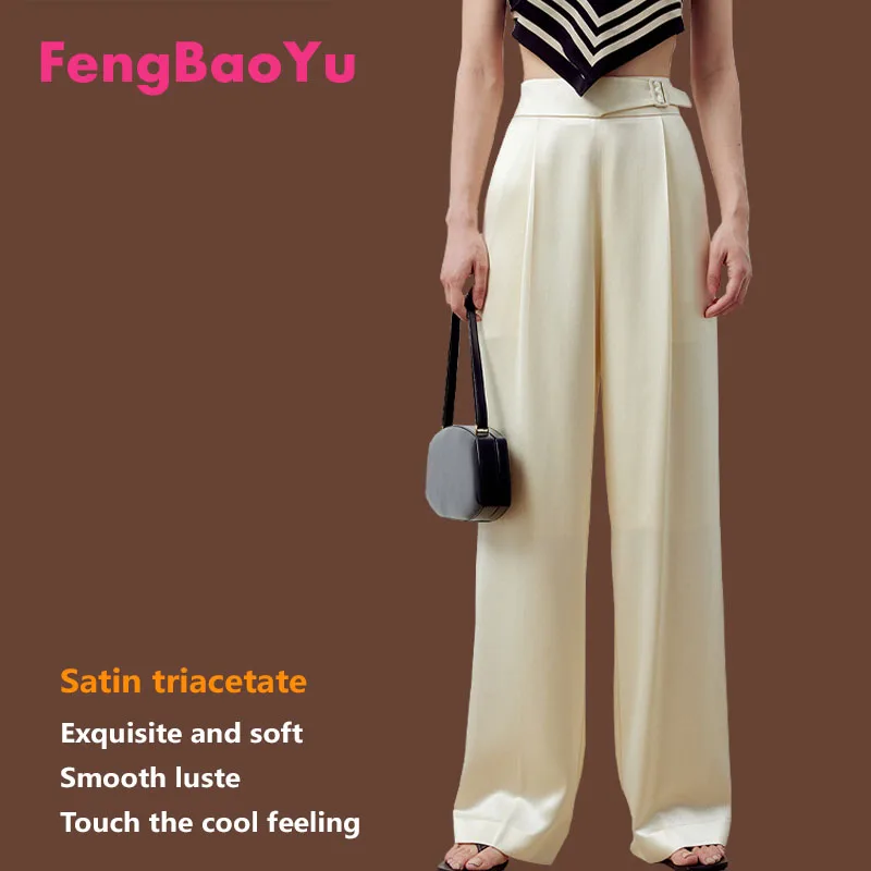 

Fengbaoy Satin Triacetate Women's Straight Pants Glossy Supple Draped Belt Floor Length Casual Pink Pants Spring and Summer Cool