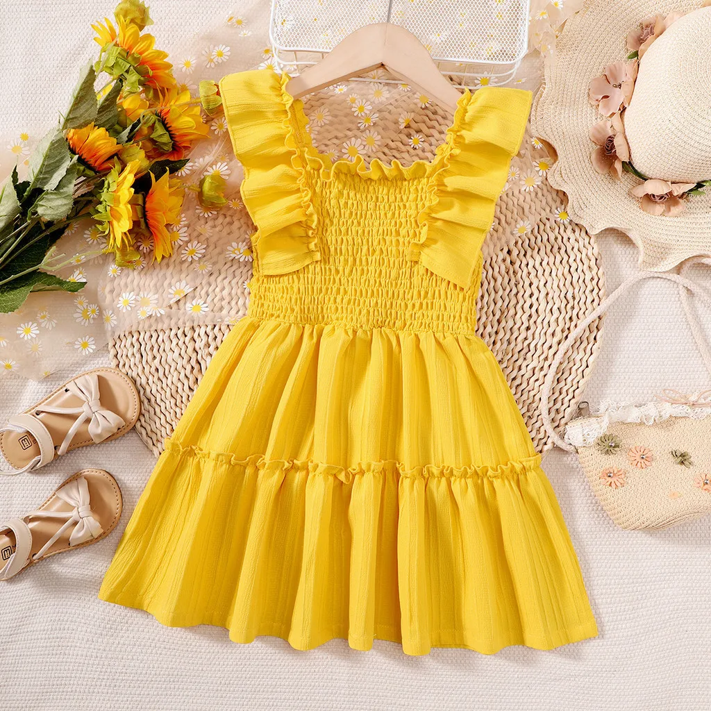 Children Girls Summer Princess Dresses Sleeveless Solid Color Ruffle Fashion Dress Birthday Party Wear For Kids Girl 4-7 Years