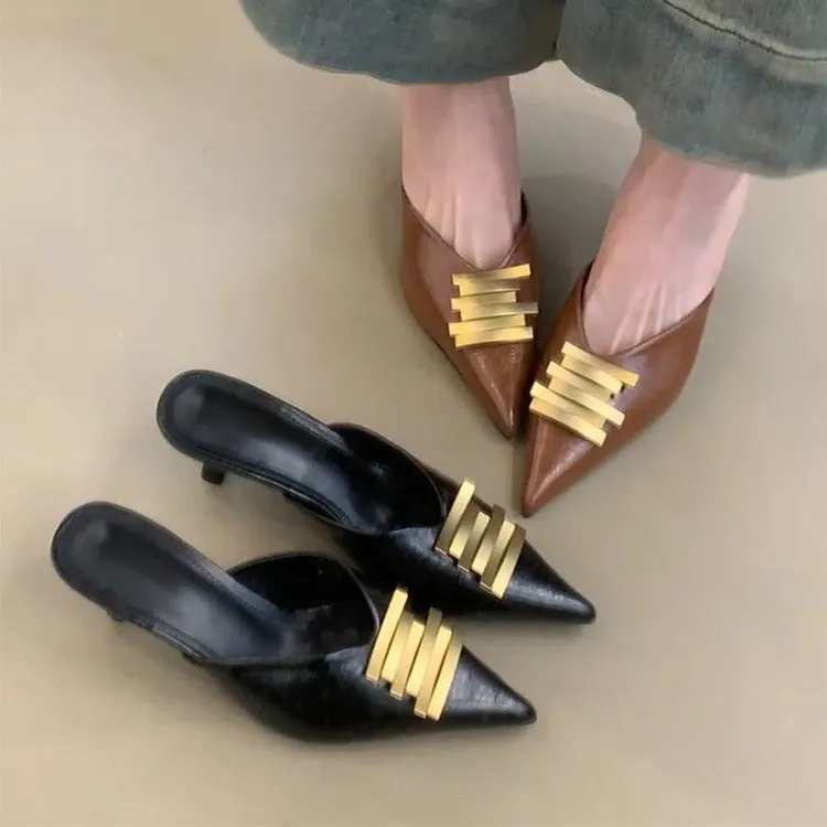 

Pointed Elegant Metal Decorative Mueller Baotou Slippers Spring and Summer Dew with Outdoor French Women's Sandals and Slippers
