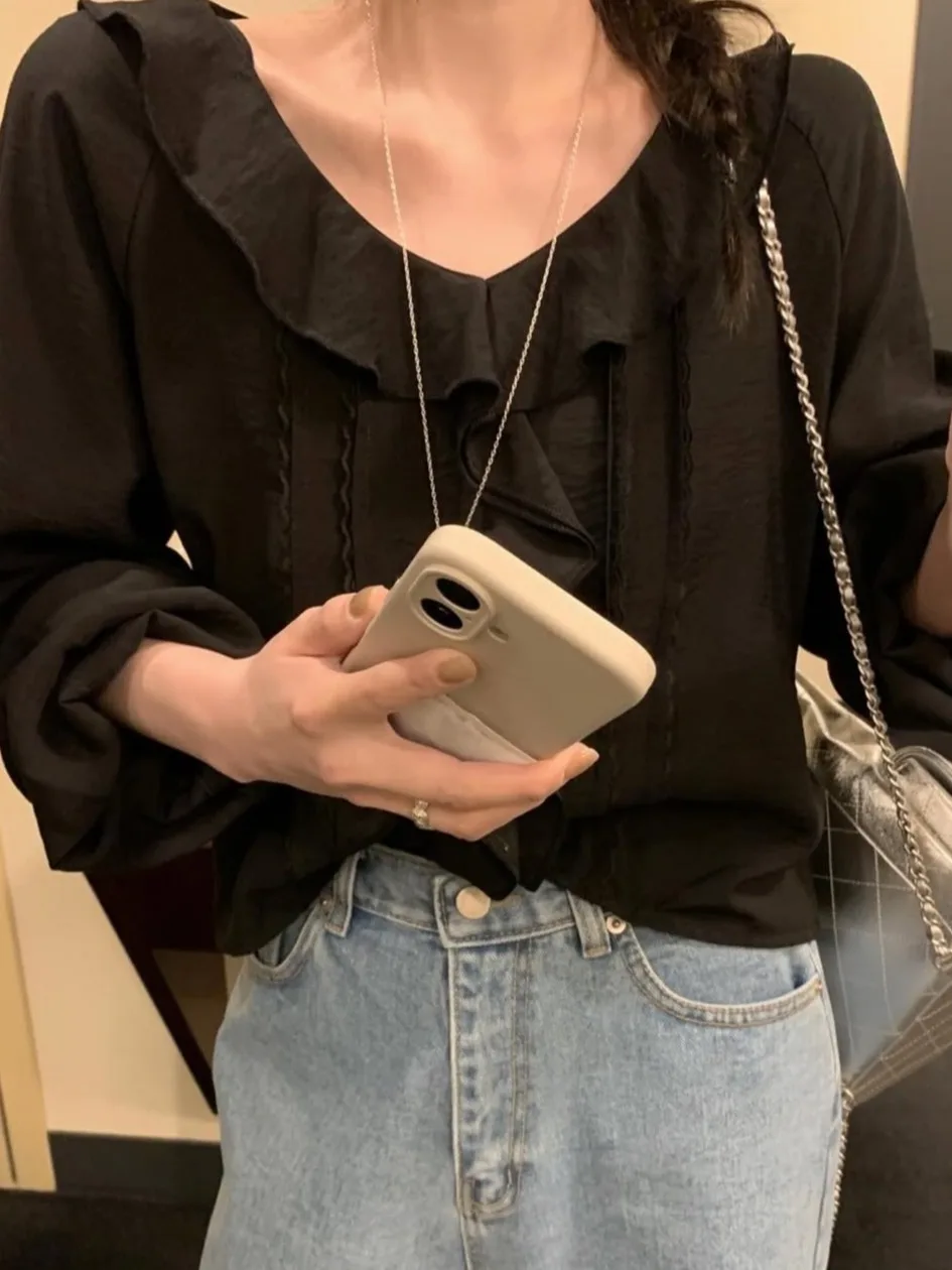 

Женская блузка во французском стиле с длинным рукавом и V-образным вырезом, с кружевной отделкой, свободного кроя, дышащая, комфортная, элегантная, стройнящая.