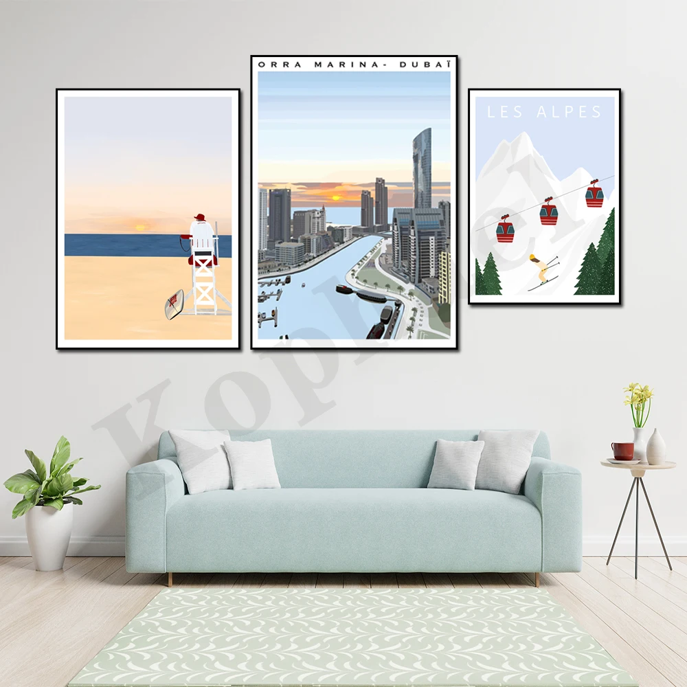 Dubai Marina Alps Winter Skis Ocean Beach Lifeguards City Travel Scenic Gift Ideas Home Wall Decor Art Canvas Paintings