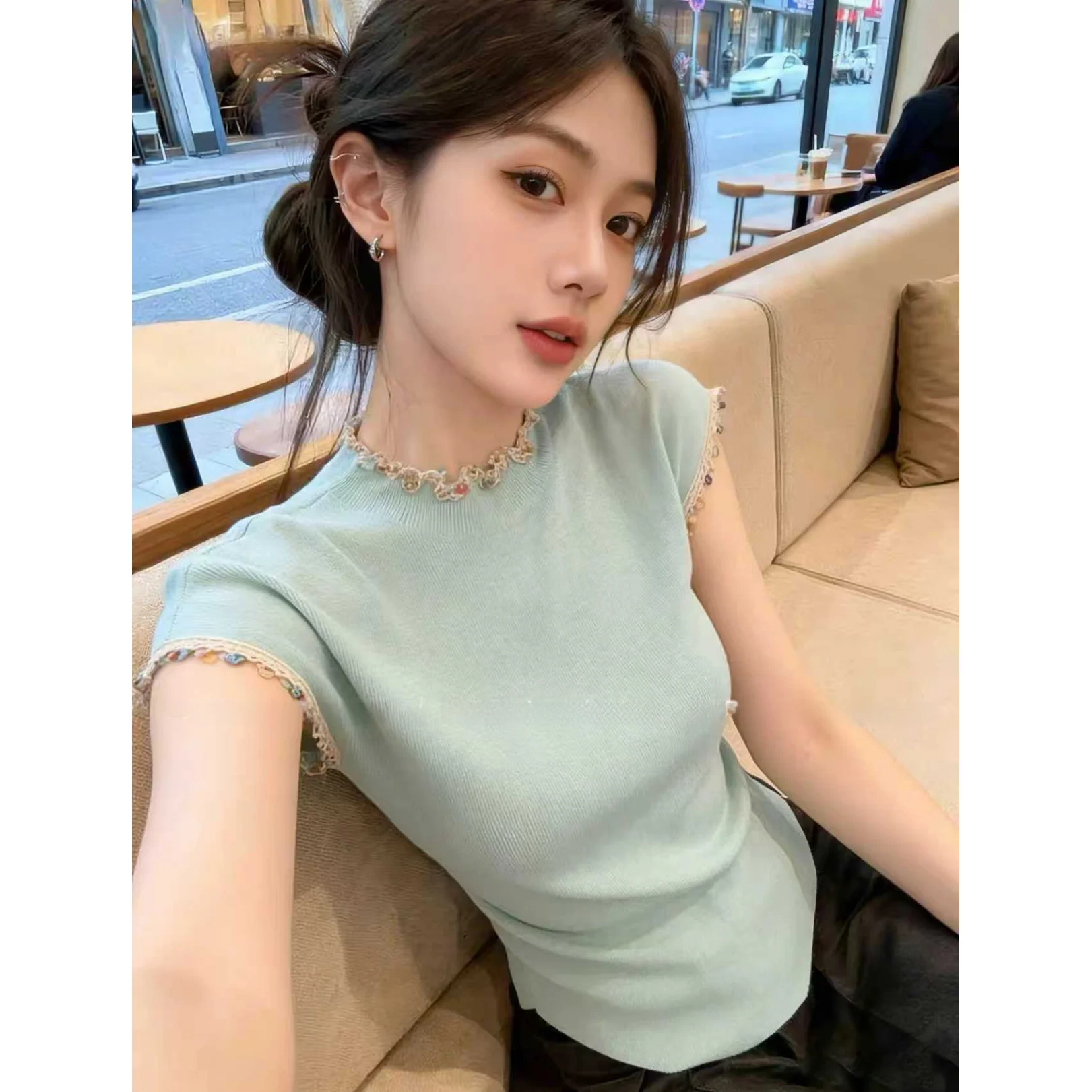 

Lace Trim Half High Collar Short Sleeve T-Shirt Women's Summer New Style Age Reduction Slimming Versatile Top Self-Reserve Model