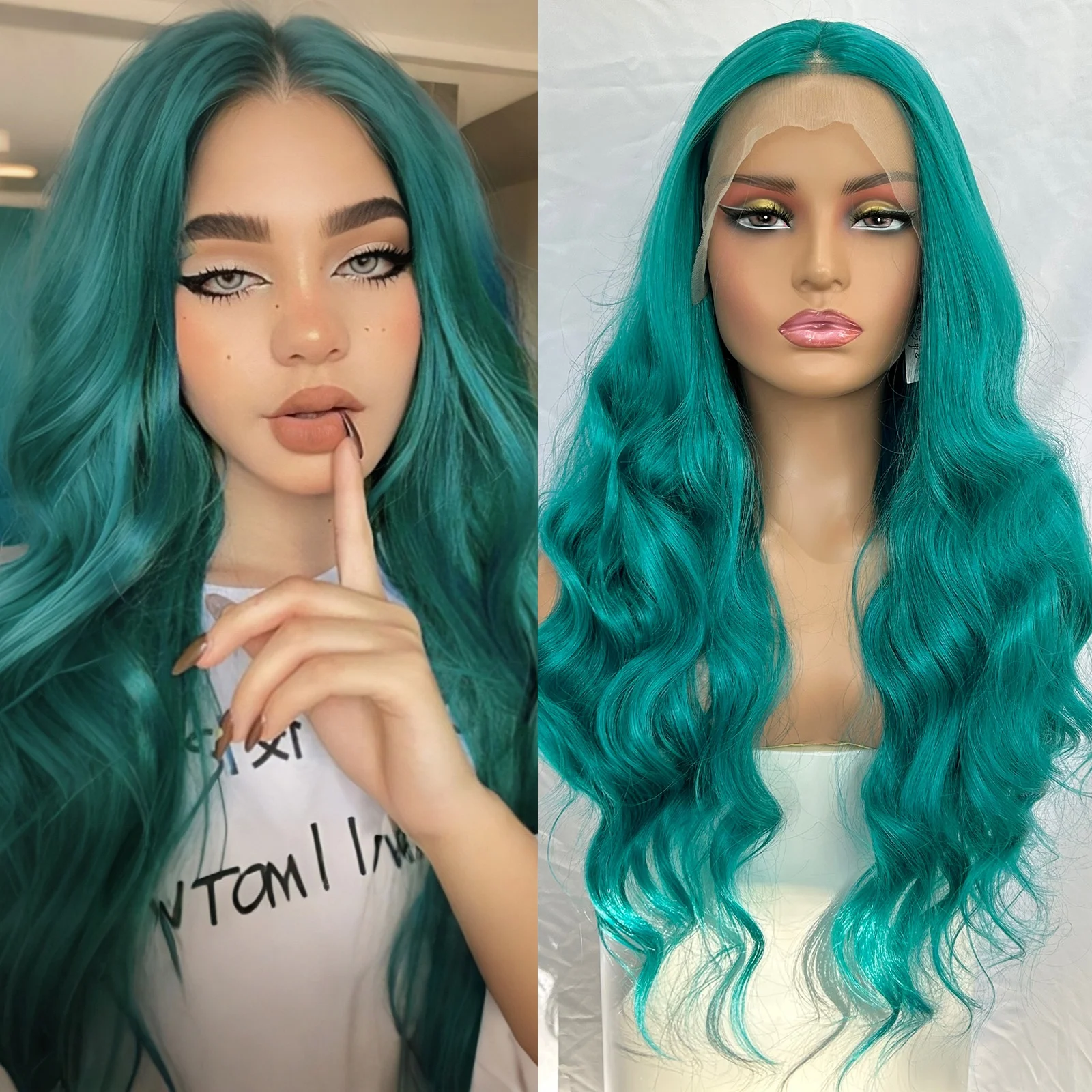 شعر مستعار طويل أخضر مموج بدانتيل أمامي للنساء الجزء الأوسط أزرق مجعد مموج اصطناعي 13X4 بدون صمغ قبل قطعها تأثيري استخدام الحفلات