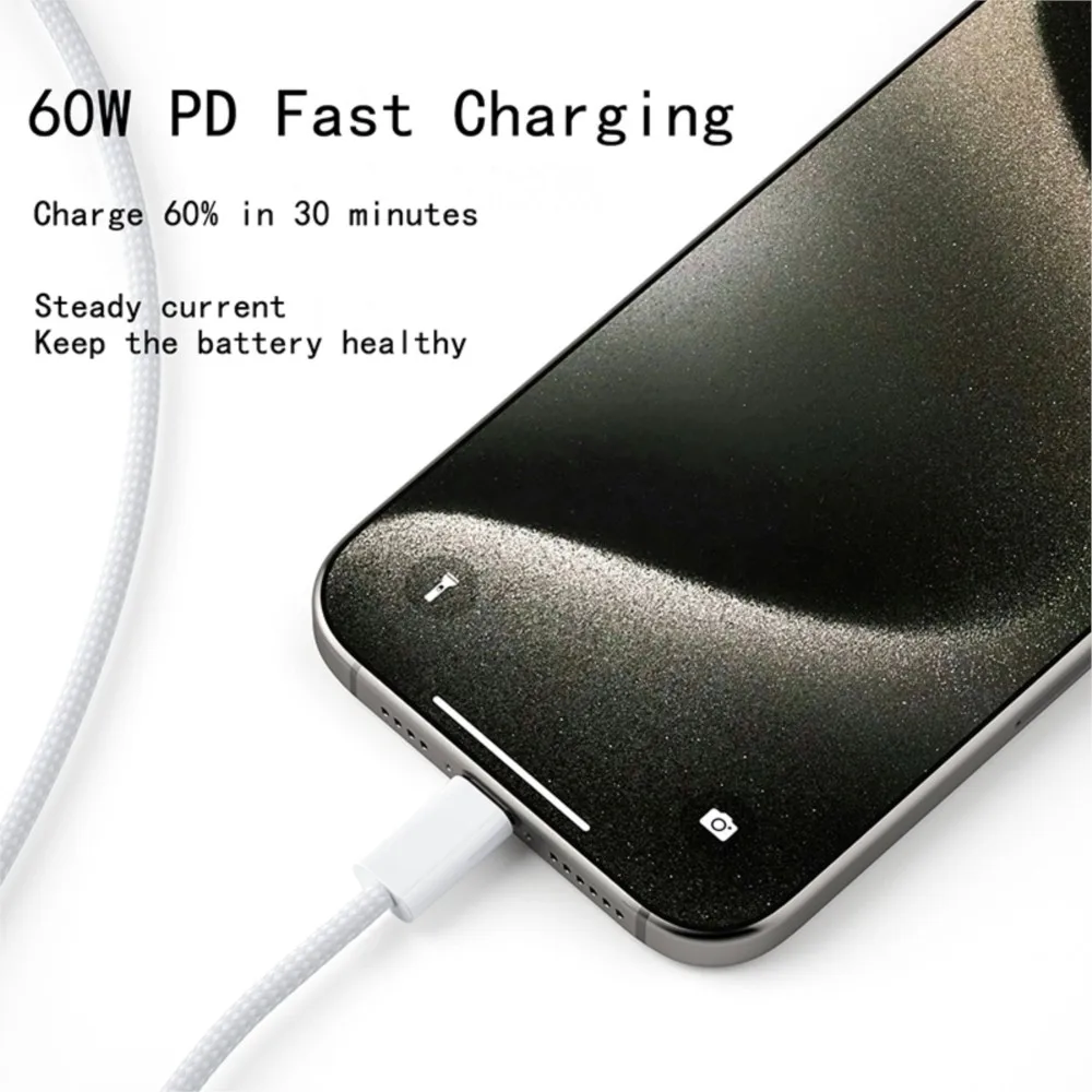 60W PD Fast Charging USB C to Type C Cable Braided Mobile Phone Charger Cord for iPhone 15 16 17 Android Samsung Xiaomi