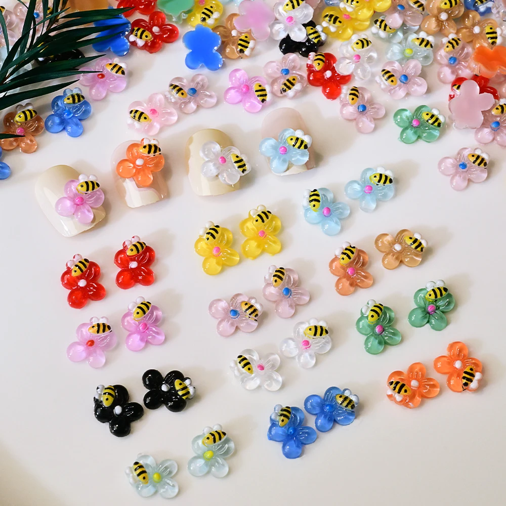 50 pçs 3d bonito flor abelha decorações de unhas resina colorida abelha floral arte do prego encantos 0.8cm kawaii flatback verão suprimentos para unhas &