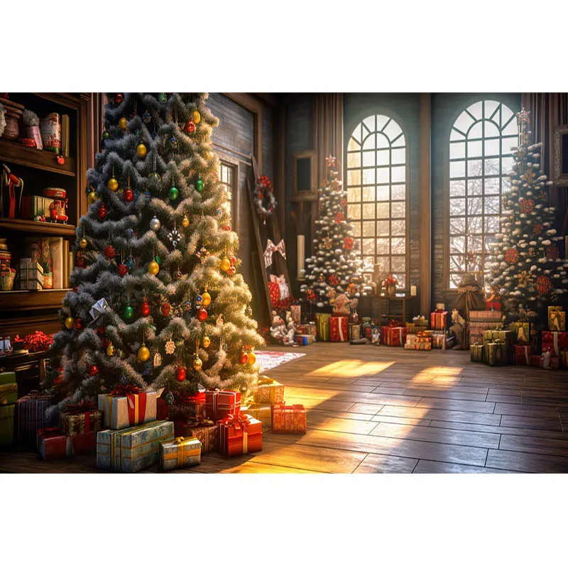 التصوير خلفية شجرة عيد الميلاد في غرفة مع الموقد والنوافذ مضيئة عيد الميلاد ديكور الدعائم خلفية حفلة عائلية