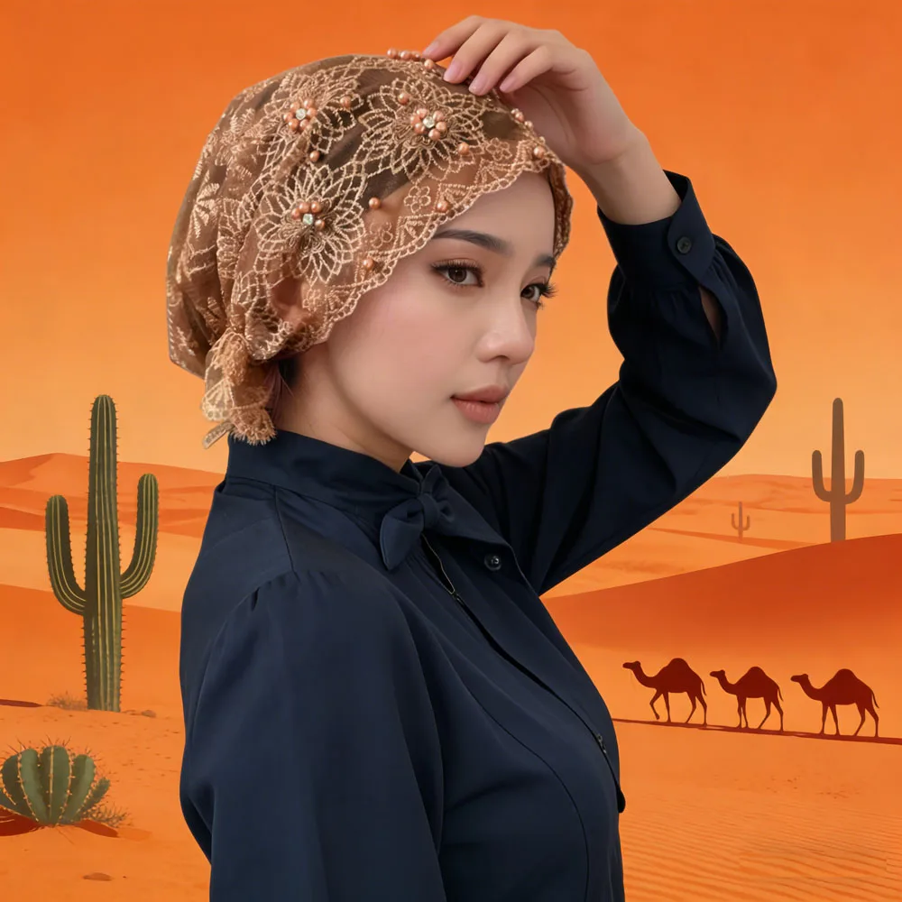 

Двухслойный кружевной нижний платок с вышивкой бисером для женщин, мусульманский хиджаб, шапка, шапочки от выпадения волос, мягкий головной убор на свадьбу