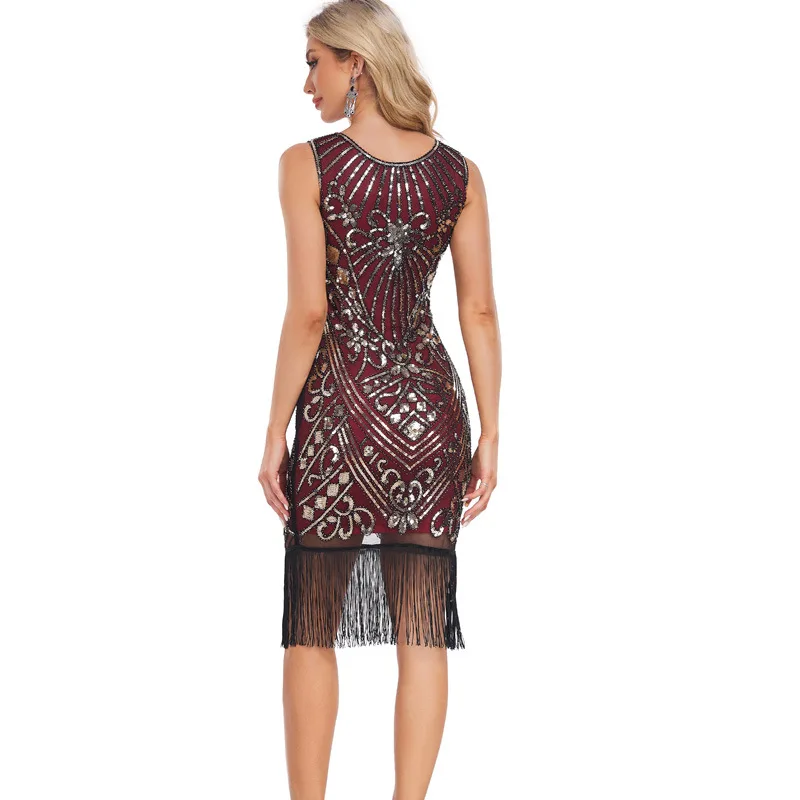 유행 복고풍 1920 년대 플래퍼 드레스 성인 여성 v 넥 민소매 페르시 스팽글 술 드레스 섹시한 메이크업 볼 카니발 파티