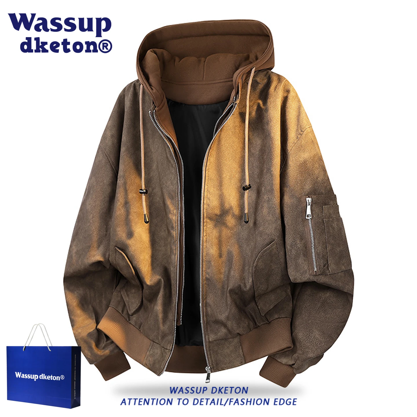 

Wassup Dketon American Retro Hooded Jaet Men's Autumn Winter Baseball Sle Zipper Decorated Loose Fit Windproof Coat