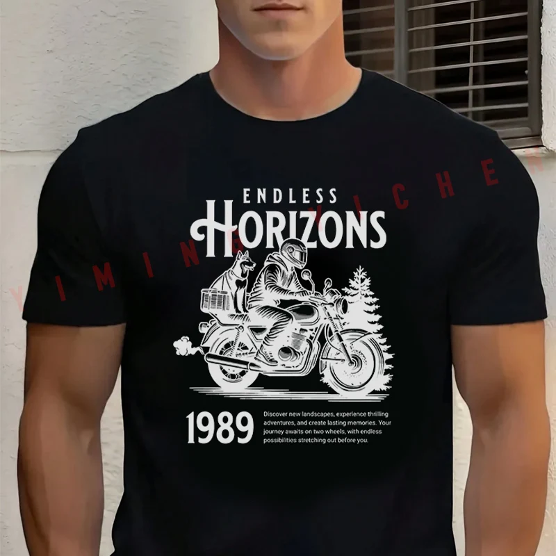 

Men's Black Endless Horizons Motorcycle Design Cotton T-Shirt New Men's Casual O-neck Short Sleeve Tees