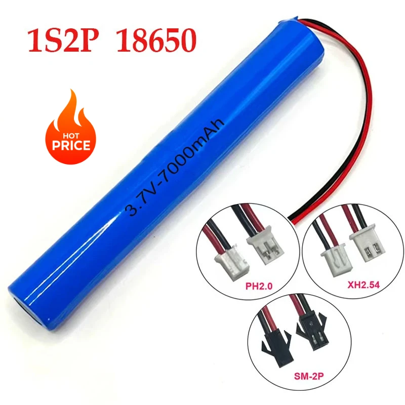 3.7V 18650 Rechargeable Battery Pack 1S2P 7000mAh Li-ion Battery for Flashlight, Radio, Toy LED PH2.0 XH2.54 SM Plug