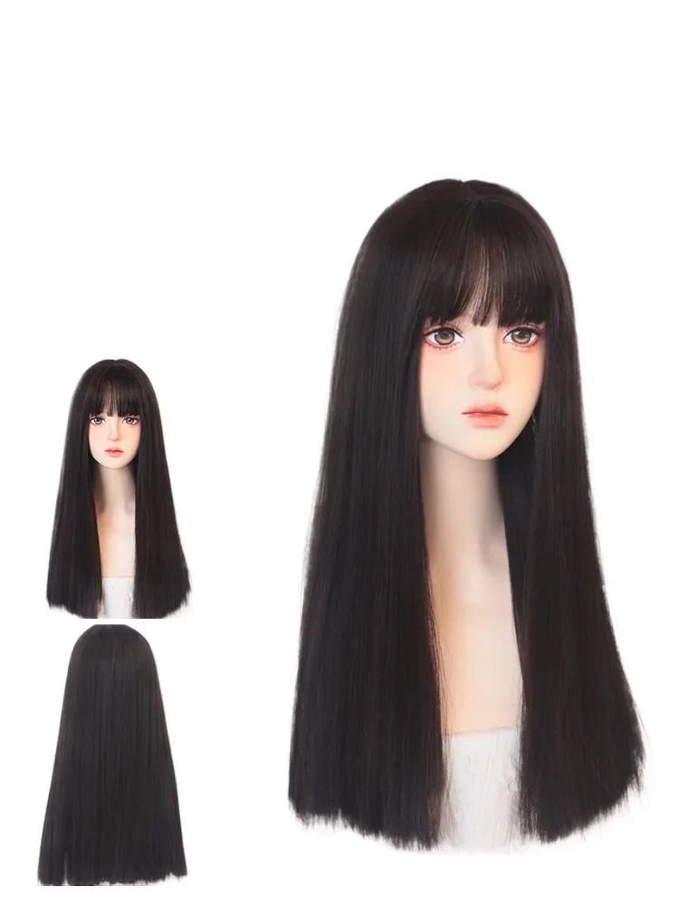 Wig, female, long hair, straight hair, round face, lolita, natural one size fits all, brown, sweet, black, long straight