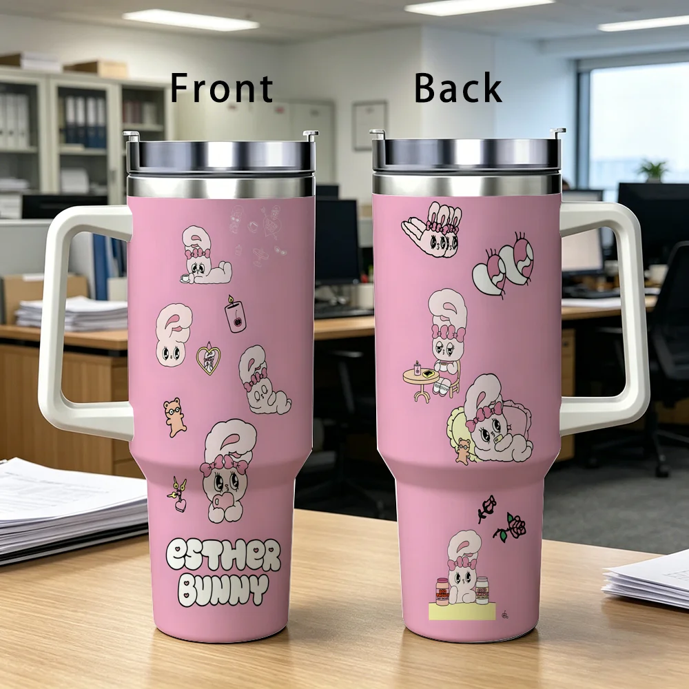 

E-Esther Bunny Cute Vacuum Flasks 40oz Stainless Steel Insulated Tumbler with Handle Straw