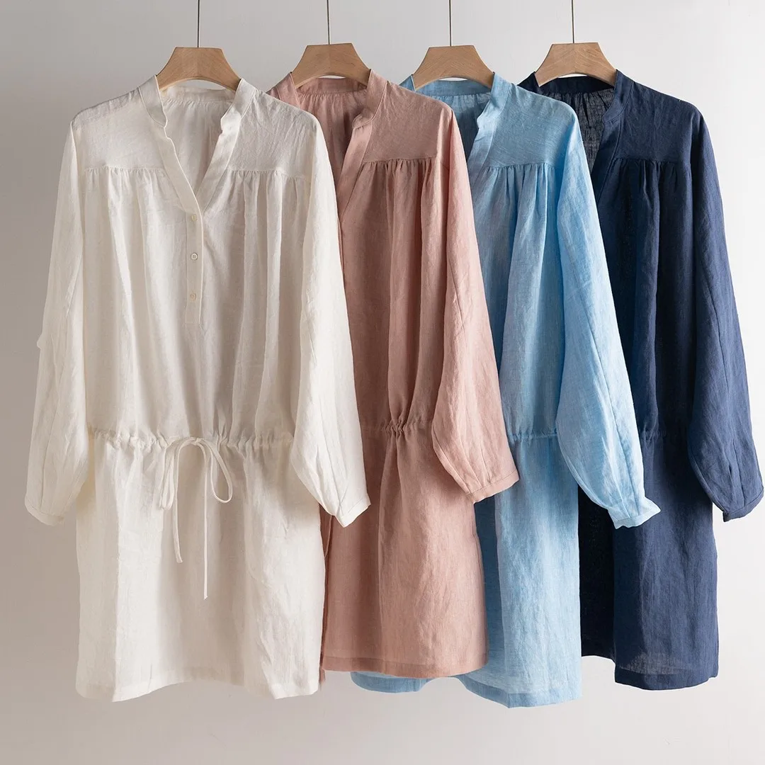 Summer luxurious loose solid color linen long sleeve dress