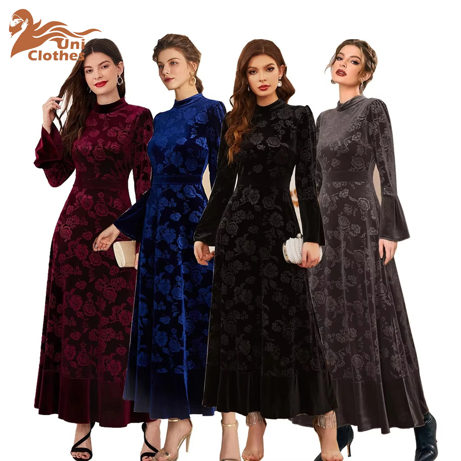 

UNI Autumn Winter Muslin Women Abaya Velvet Long Dress Length Dress Party Lady Evening Wedding Dress for Women Butterfly Sleeve